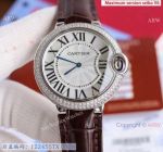 Replica V6 Cartier Balloon Blue Diamond Bezel White Face Watch Brown Leather Strap